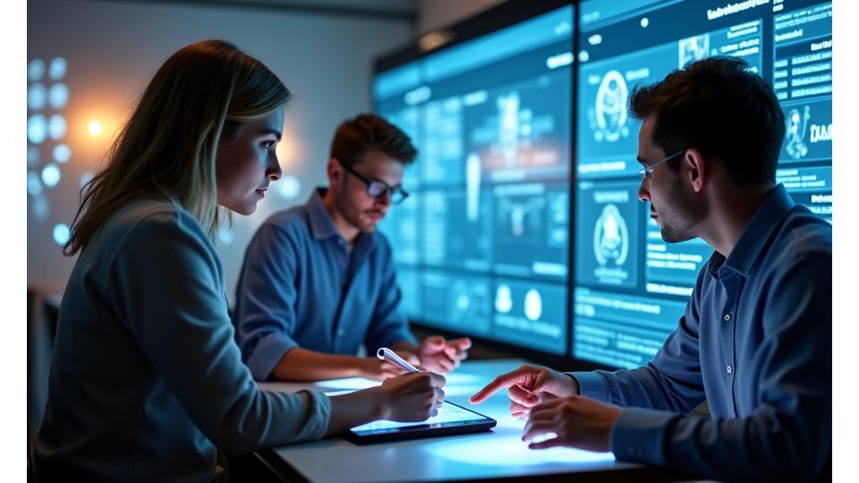 Diverse Menschen mit unterschiedlichen Zugangsbedürfnissen interagieren nahtlos mit einem digitalen Interface, symbolisiert durch KI-Module für WCAG, Sprache und Kontrastoptimierung