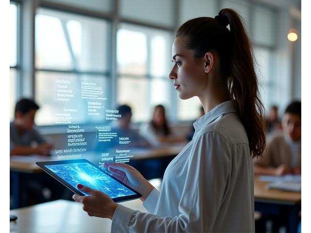 Ein Lehrer interagiert mit einem Tablet, das einen KI-Assistenten anzeigt, der bei der Unterrichtsplanung und Materialsuche hilft, in einem modern gestalteten Klassenzimmer.