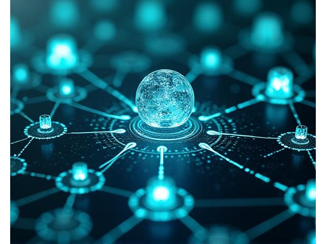 Digitale Darstellung von miteinander verknüpften KI-Modulen, die Datenschutzmerkmale wie Verschlüsselung, Anonymisierung und transparente Algorithmen symbolisieren. Moderne, abstrakte Ästhetik mit leuchtenden Pfaden, die den Datenfluss zeigen, in den Farben des Brandings.
