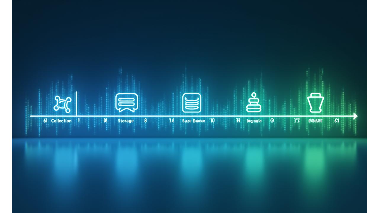 Interaktive Zeitstrahl-Visualisierung, die den Lebenszyklus von Daten darstellt: Erfassung, Verarbeitung, Speicherung, Nutzung, Transfer und Löschung. Jede Phase ist mit einem Symbol versehen und zeigt Detailinformationen zu Datenarten, Verarbeitungsgründen, Speicherfristen und Empfängern. Farbverlauf von Primaerblau zu Sekundärgrün.