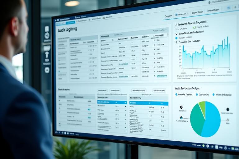Mockup eines Audit-Dashboards mit Zeitachse, Filtern und Exportoptionen