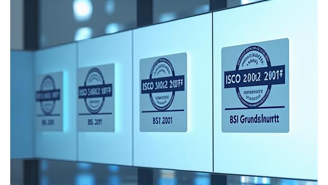Logos der Zertifizierungen ISO 27001, SOC 2 Type II, BSI Grundschutz