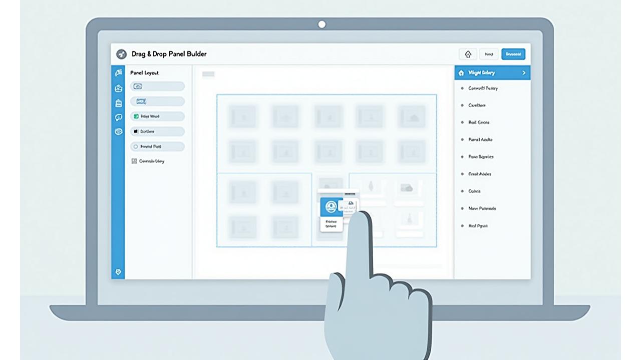 Screenshot eines Drag & Drop Panel Builders mit einer Widget-Bibliothek und Live-Vorschau