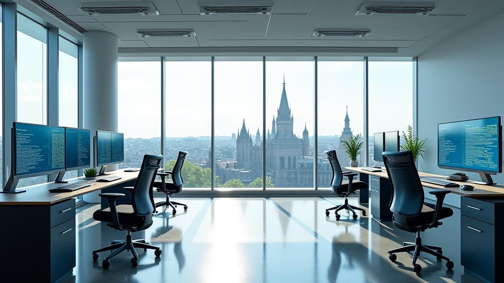 Modernes Aquarell AI Büro in Dresden mit Blick auf die Stadt, lichtdurchflutet und kollaborativ gestaltet