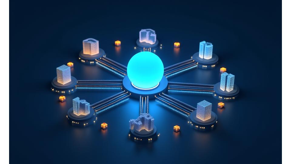 Abstraktes Diagramm eines Integrations-Hubs mit Zentralknoten und vielen Verbindungspunkten zu verschiedenen Systemen